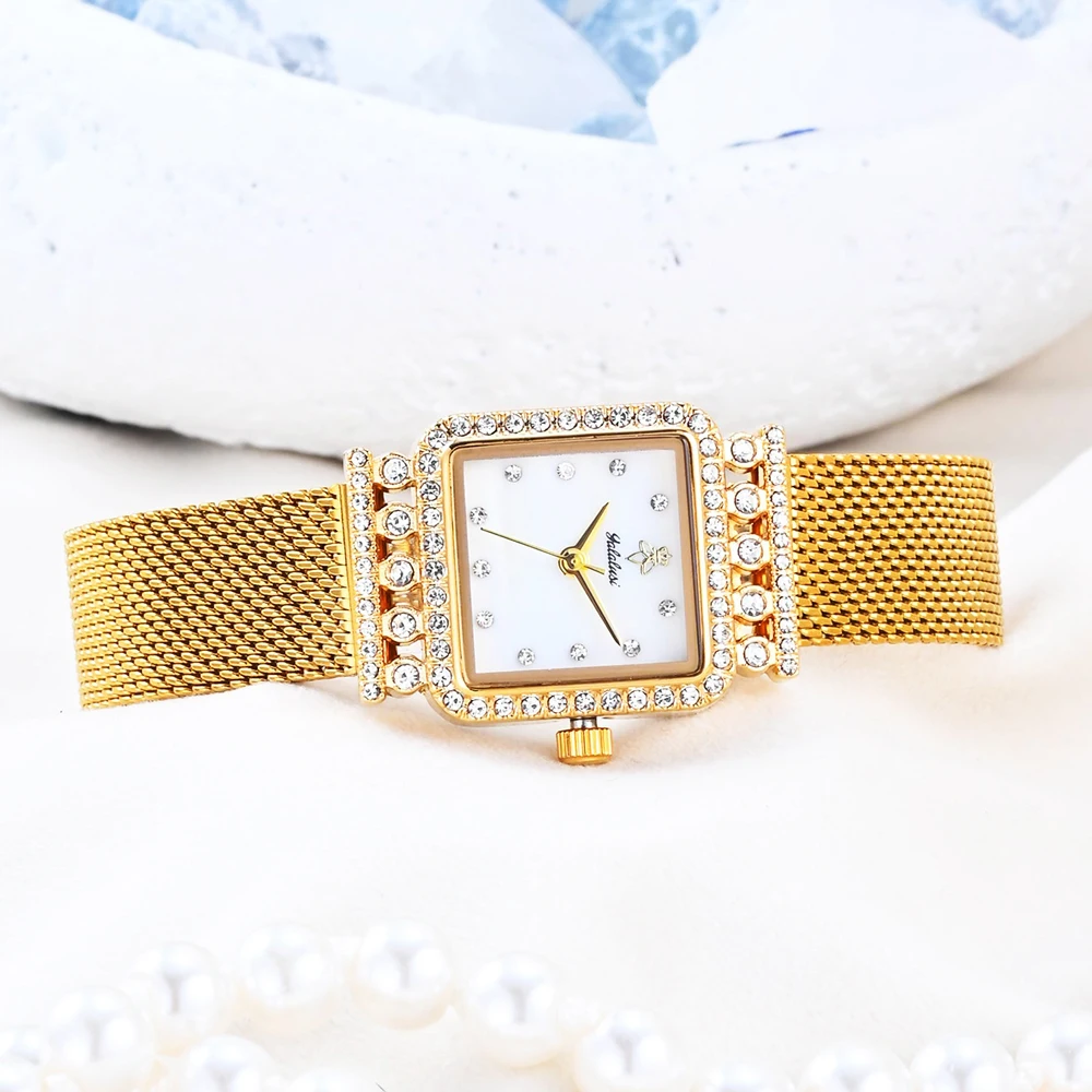 Yalalusi New Women Watch Fashion Luxury Diamond Square Dial Mesh Band Quartz Wristwatch High Quality Elegant Ladies Dress Clock