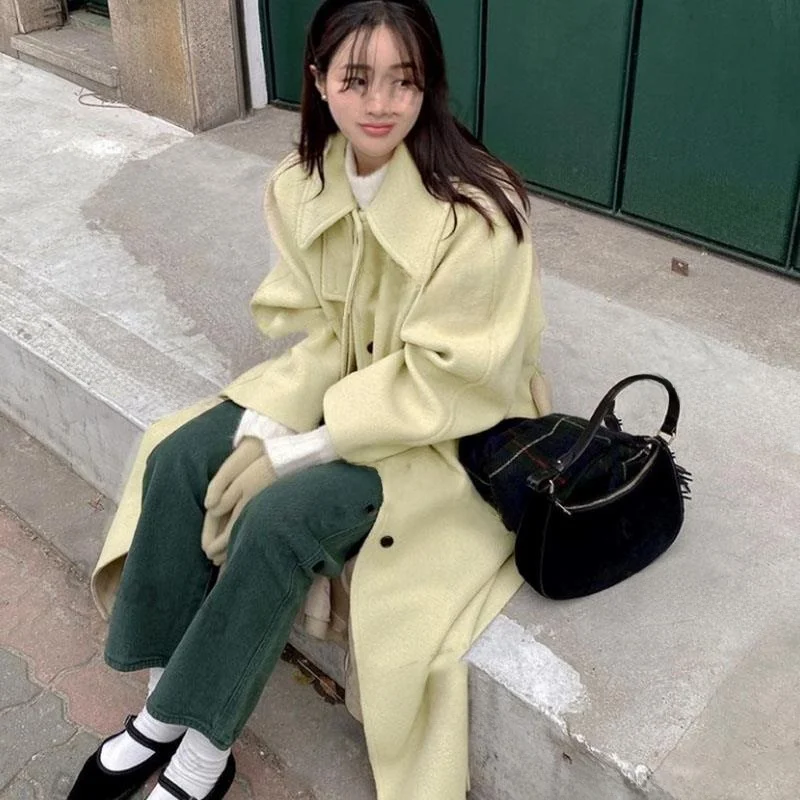 

Chic Loose Woolen Coat Women's Casual Sle Khaki Color Mid-Length Single-Button Fastening Long Sve Faionable Outerwear