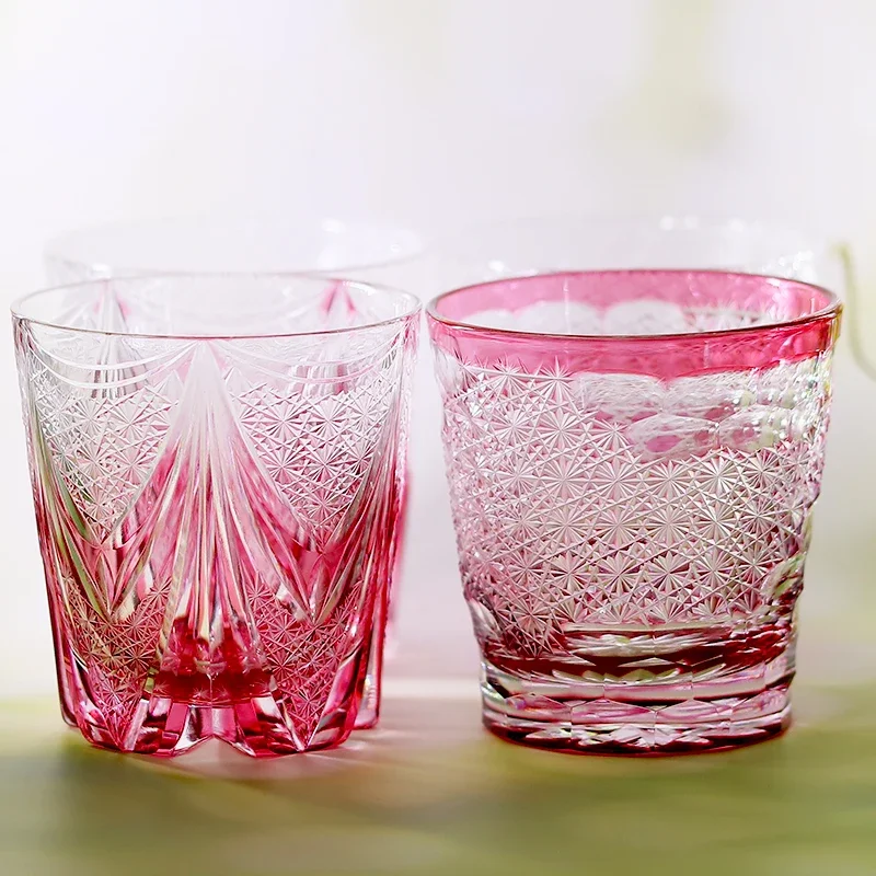 320ml Luxury Gold Pink Lead-Free Crystal Whiskey Glass Hand-Engraved Iced Coffee And Rum Cocktail Glasses for Bahama Mama Drinks