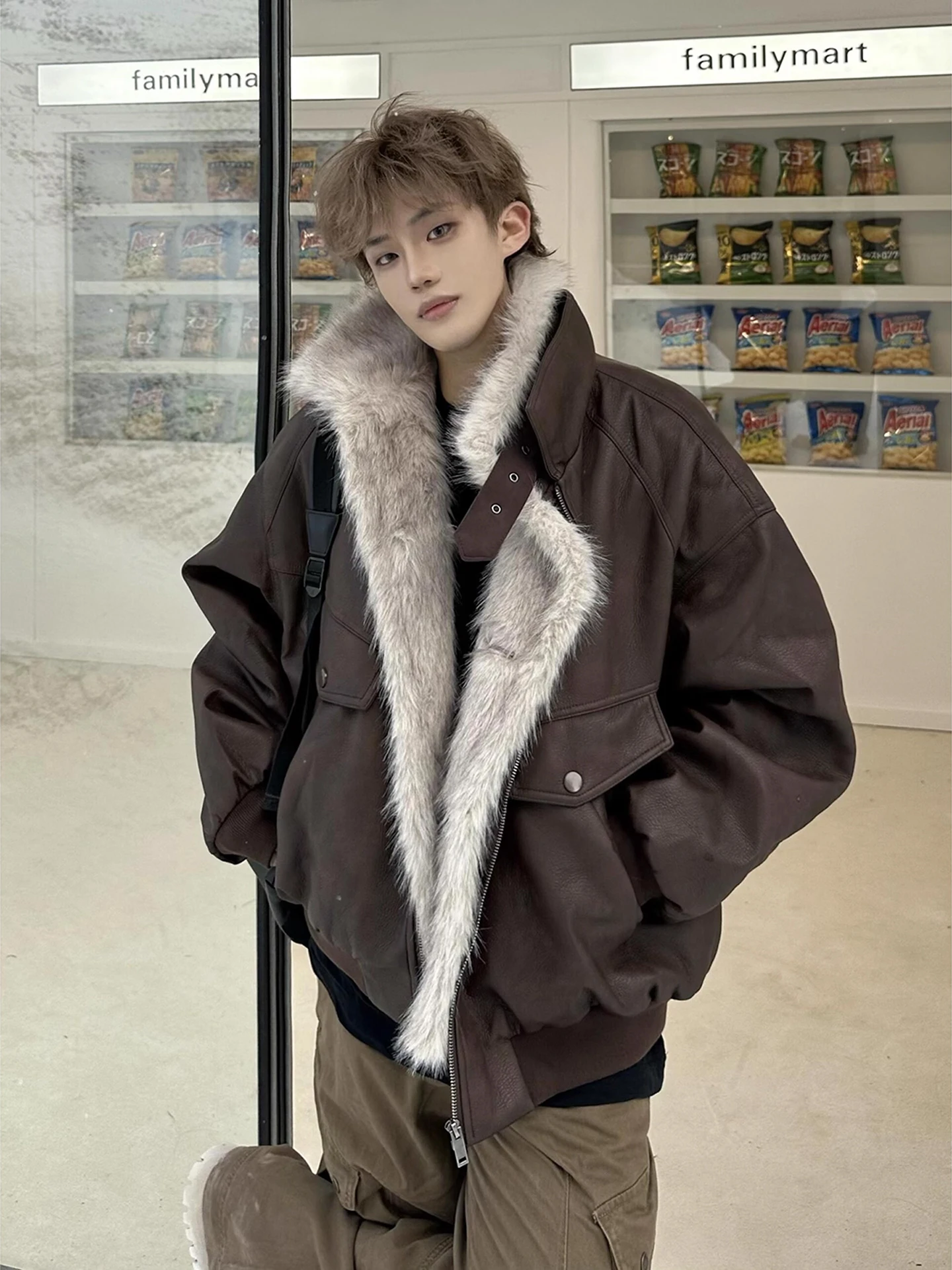 

Retro American Thiened PU Leather Cotton Jaet Men's Winter High-End Warm Stand Collar Couple's Cotton Outerwear