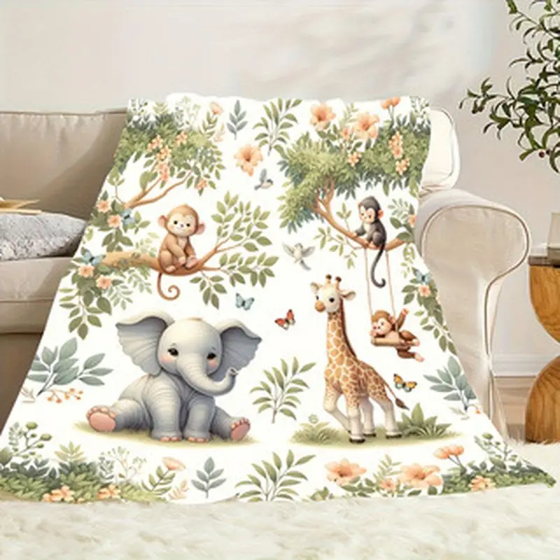 VIKAMA Watercolor Jungle Animal Baby Blanket Elephant Giraffe Monkey Print Soft Flannel Toddler Nap Blanket Nursery Decor Gift