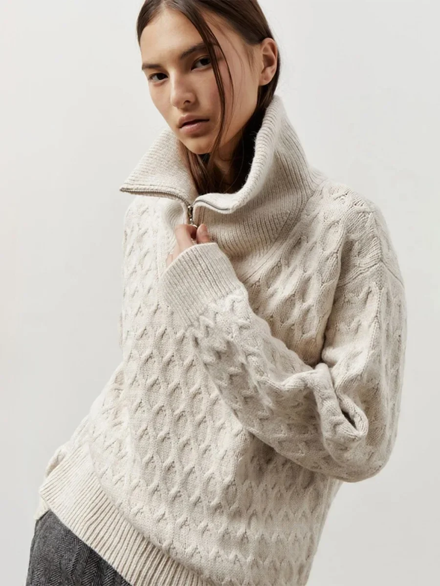 

Women's Autumn Winter New Loose Fit Casual Pullovers Turtleneck Half Zip Chunky Cable Knit Sweater Long Sleeve