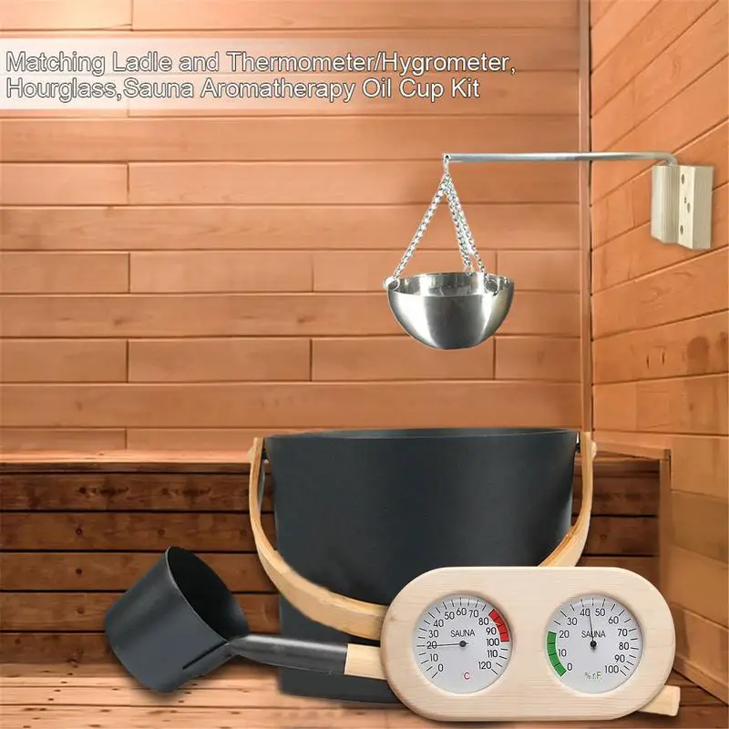 7L Luxurious Finnish Sauna Aluminum Bucket Set With Long Handle Spoon Hourglass Thermometer Hygrometer Sauna Accessories