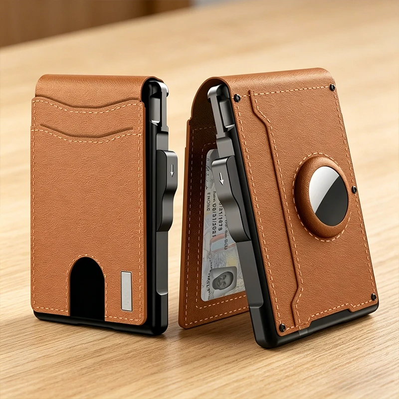 New AirTag Wallet Card Holder, Slim Leather RFID Blocking Credit Card Case, Pop-Up Metal Wallet with AirTag Compartment