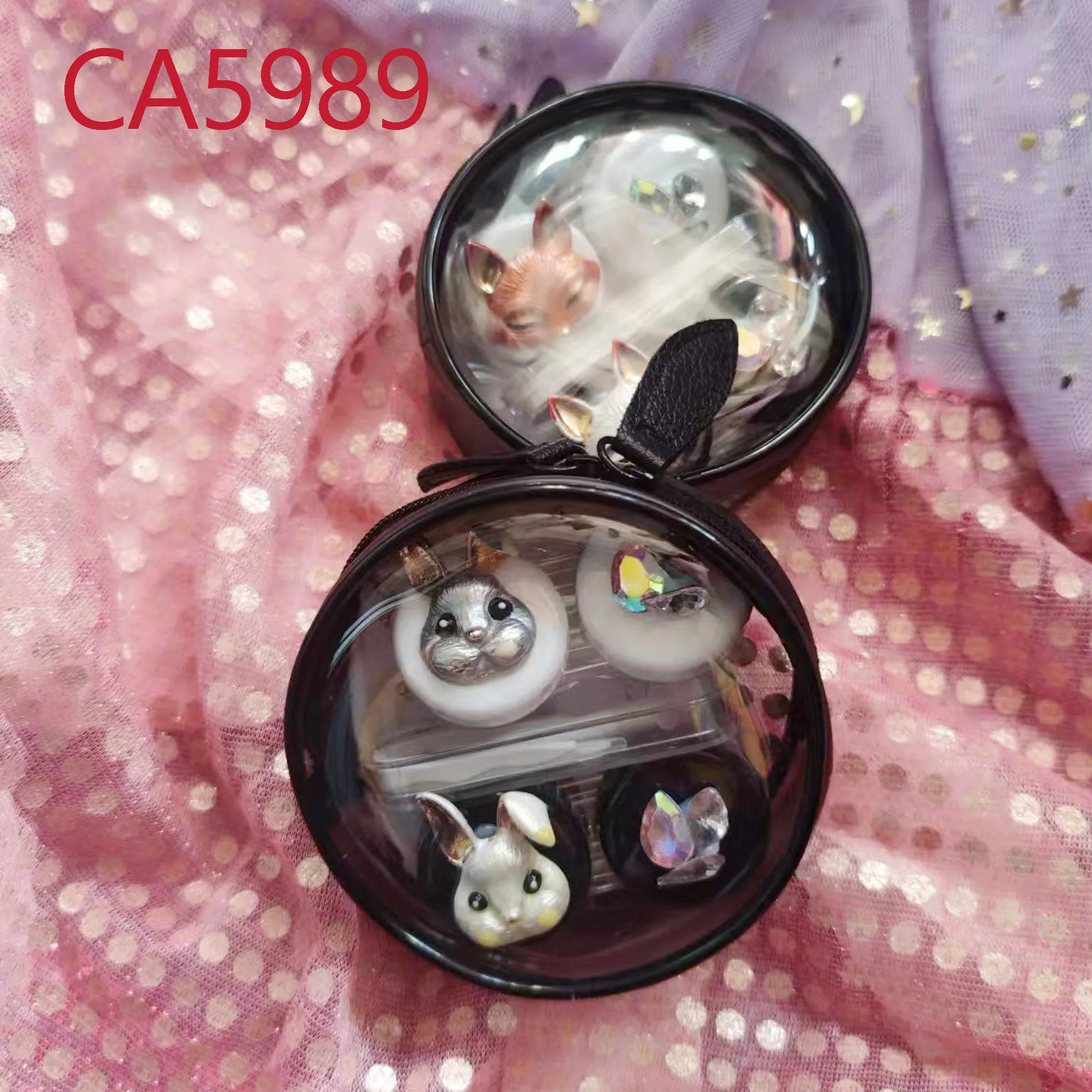 Rabbit and Fox Pocket 2pairs Contact Lens Cases with Mirror Kitty Box Convenient Contact Lens Case Container Saving Bag CA5989