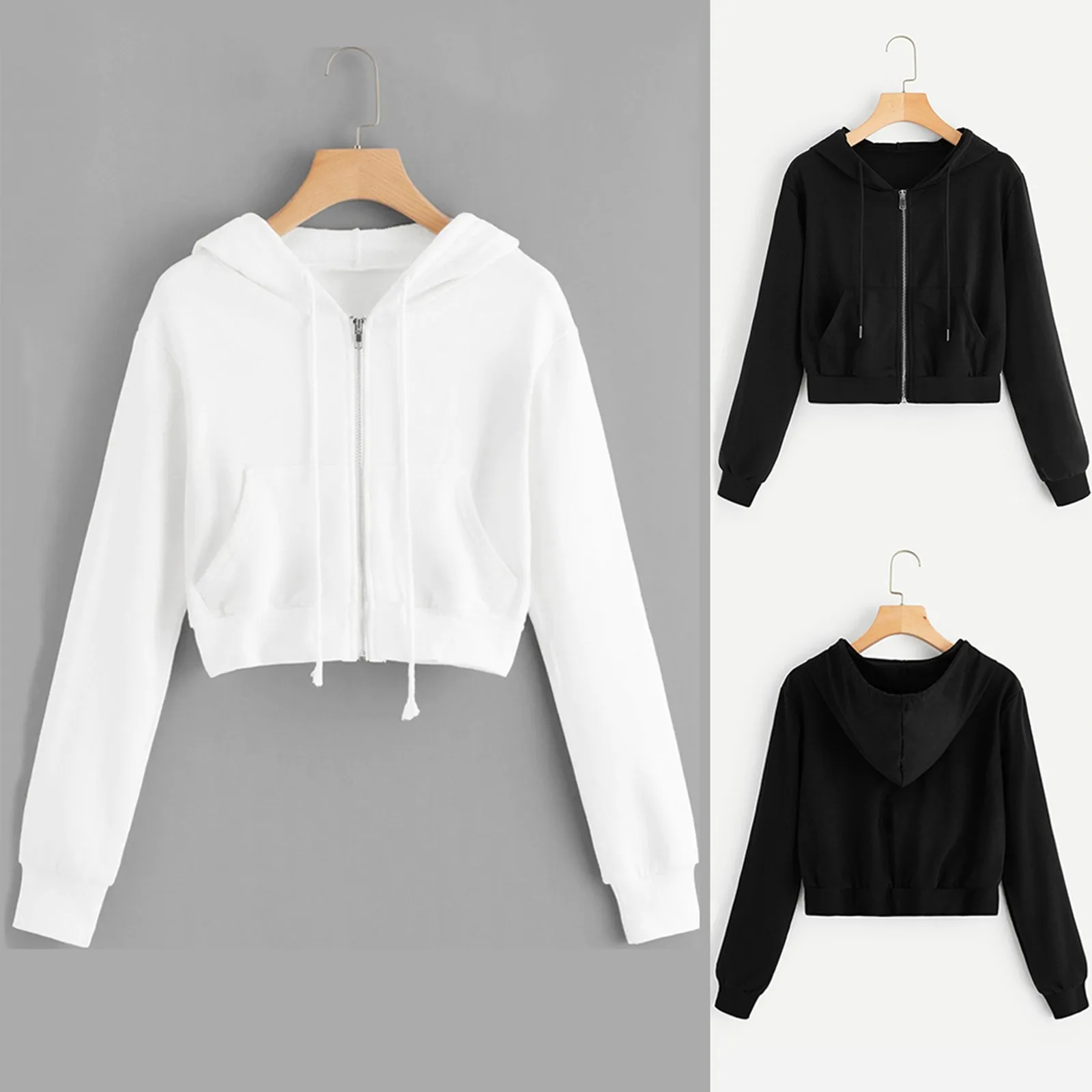 Zip Up Hoodie Women Solid Color Crop Top Y2k Aesthetic Hooded Tops Loose Leisure Academy Cardigan Tracksuits Autumn Sweatshirts