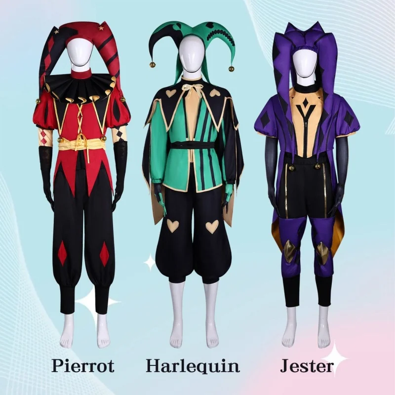 

Freak Circus Pierrot Harlequin Jester Cosplay Costume Set Joker Outfit with Hat and Accessories Halloween Performance SuitXS-3XL