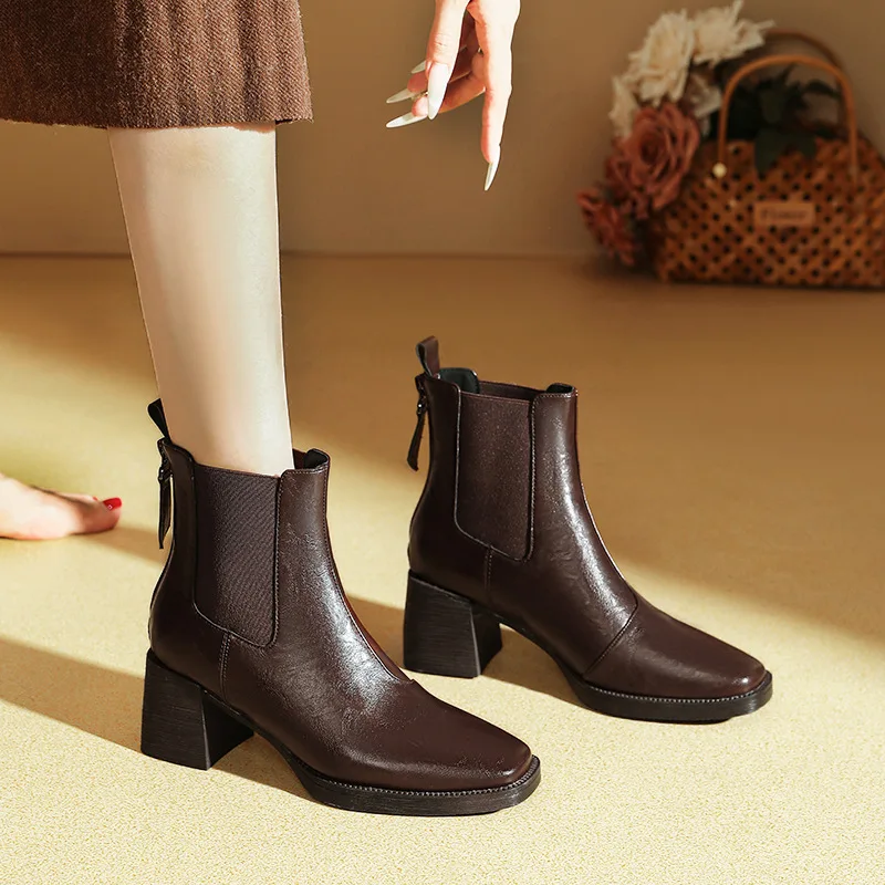 

Short boots 2025 winter new style thick heel brown boots women's mid top boots fashion square toe elastic women's leather boots