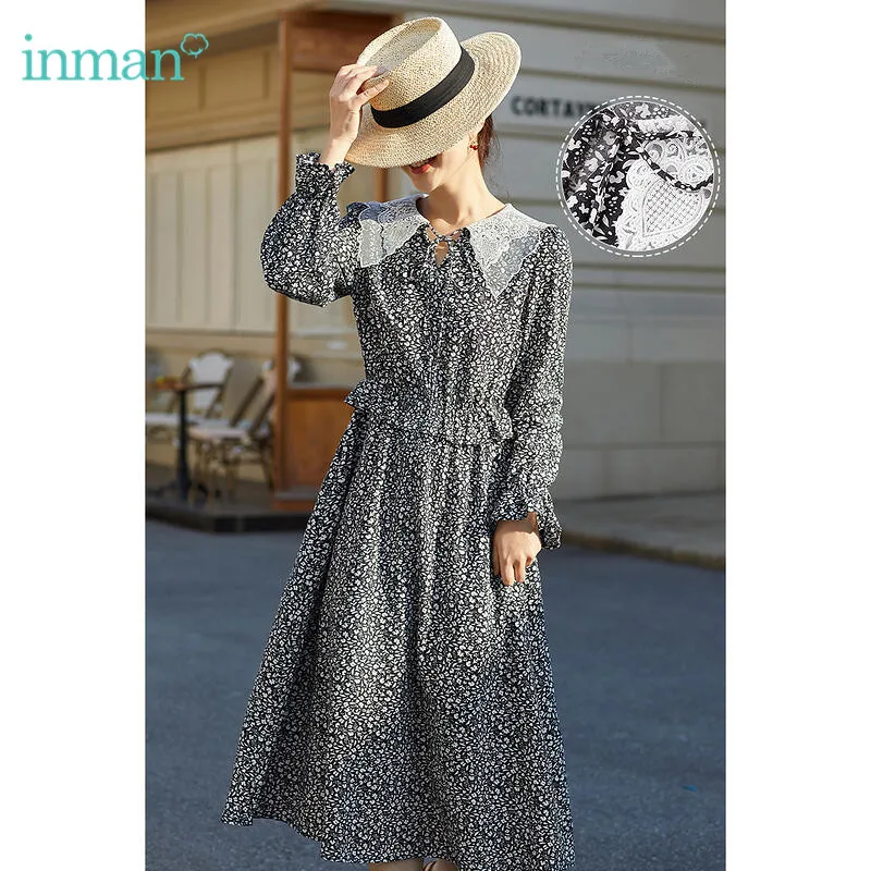 INMAN Spring Dress Women\'s Dress Vestidos Doll Lapel Vintage Chic Female Dress Waist A-Line Elegant Dress For Women Floral Print