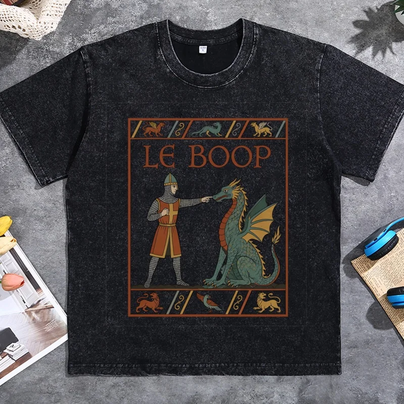 Le Boop T Shirt Medieval Fantasy Humor T-Shirt Funny Dragon Knight Graphic Tee Menwomen Vintage Washed Cotton Short Sleeve Tops