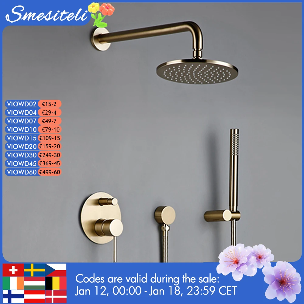 Sistema doccia Montaggio a parete Set da bagno Rubinetto da bagno Miscelatore deviatore in ottone Oro spazzolato con soffione RainFall e tenuto in mano 8-12