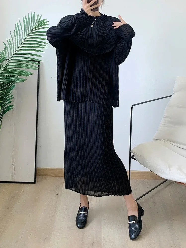 ALSEY Miyake Fashion Pleated Two Pieces Sets Winter New Women Solid O-Neck Double Layer Loose Top and Elastic Waist Skirt