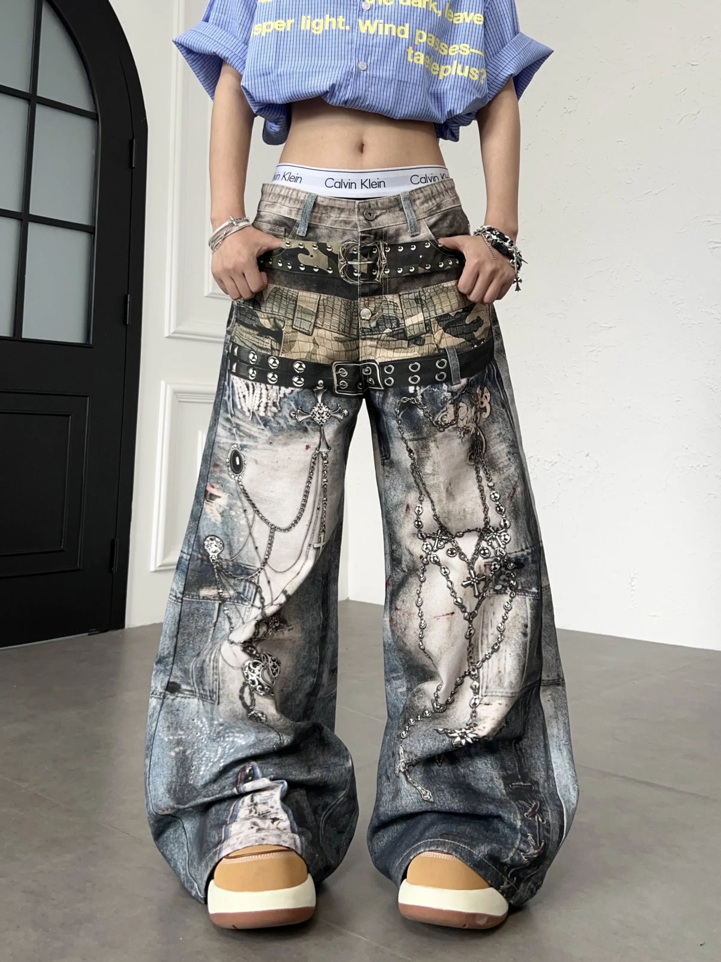 Retro American High Street 3D Digital Print Jeans Men's Loose Wide Leg Distressed Personality Long Trousers Trendy