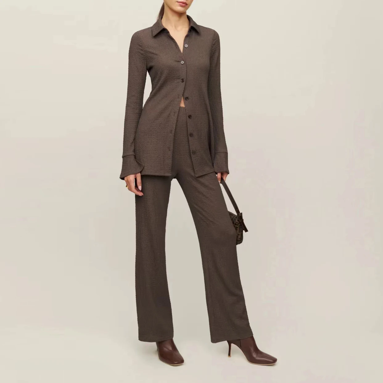 

2023 new Women slim knit set Single breasted simple casual shirt top + high waist long pants