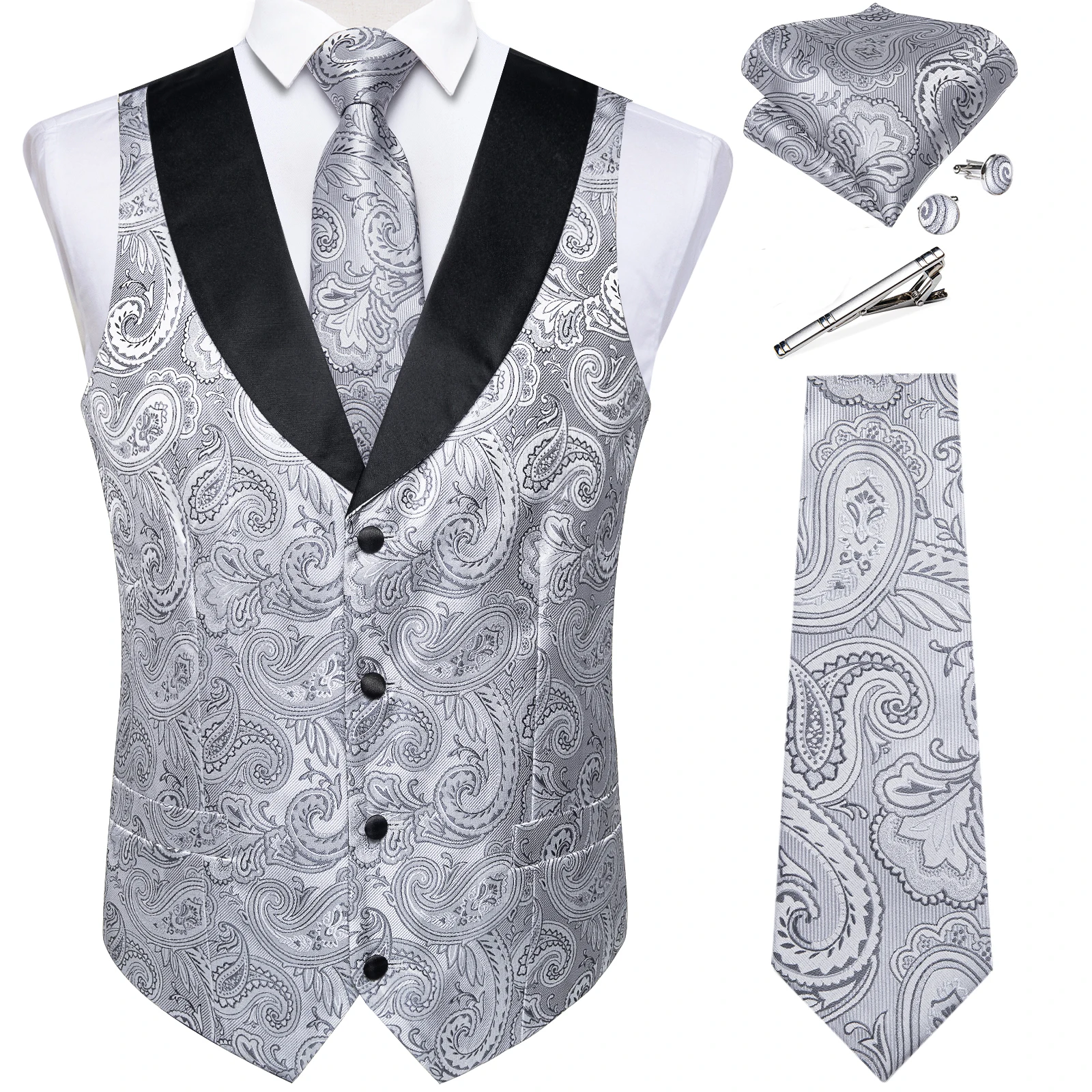 Suit Vest Set For Men Wedding Luxury Gray Paisley Dress Vests Necktie Clip Cufflinks Handkerchief Male Sleeveless Waistcoat Gift