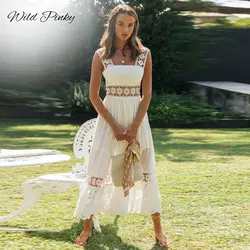WildPinky 2025 New Solid Spaghetti Strap Boho Elegant Hollow Out Lace Dress Women Summer Style Midi White Cotton Dress Vestidos