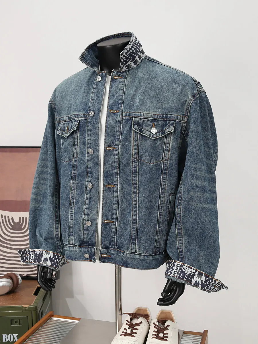 

Высококачественный винтажный джинсовый тюнер с талией, мужской весенне-осенний свободный топ, женский синий джинсовый трикотаж, устойчивый