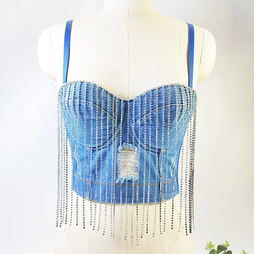 European and American Ripped Spaghetti Straps Outerwear Big Chest Show Drill Chain Tassel Bandeau Slim-Fit Vest Style Small