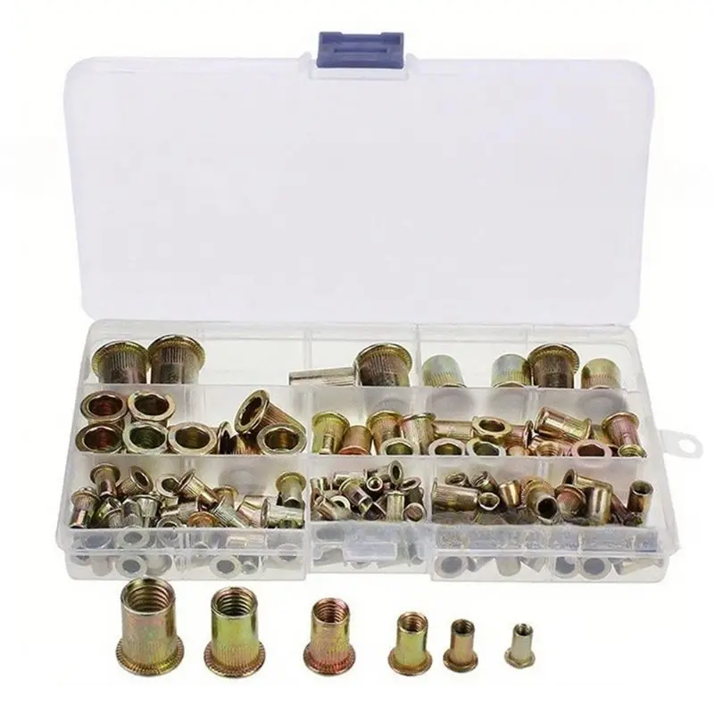 2025 Trend 175PCS Carbon Steel Rivet Nut Assortment Kit, Flat Head Knurled Inserts In M3-M10 Sizes With Storage Box