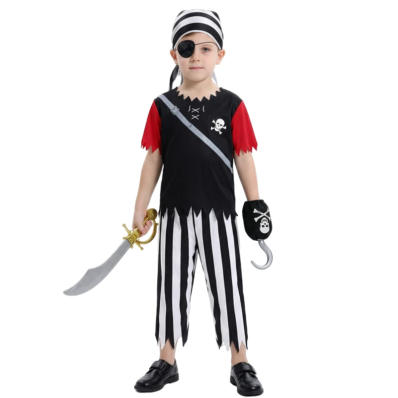 3-12Y Pirate Skeleton Costume Set with Eye Patch Bandana Striped Pants for Halloween Cosplay Cosplay Party 7PC Toy Birthday Gift