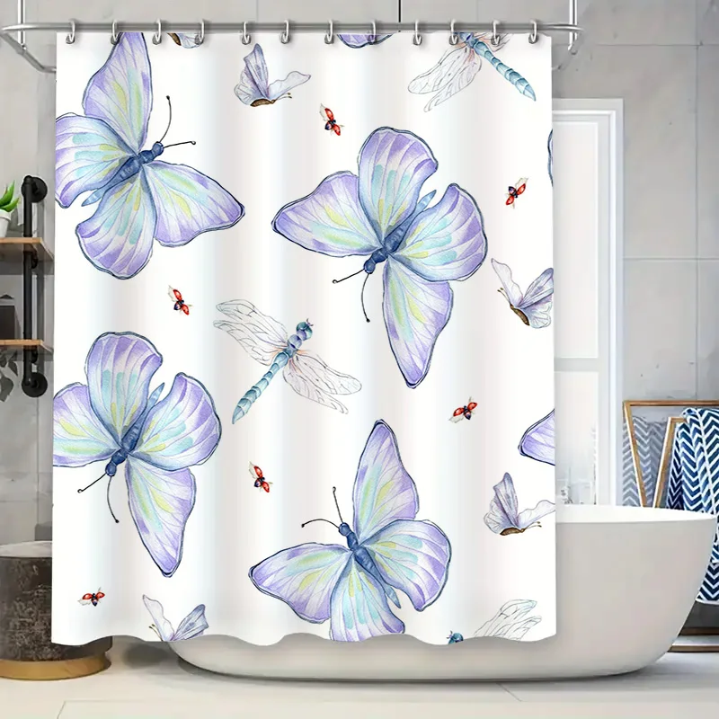 

Butterfly Shower Curtain with DragonfliesPrinted Bathroom Decor for Home Decoration Lavender Floral Pattern Bath Linens Set in B