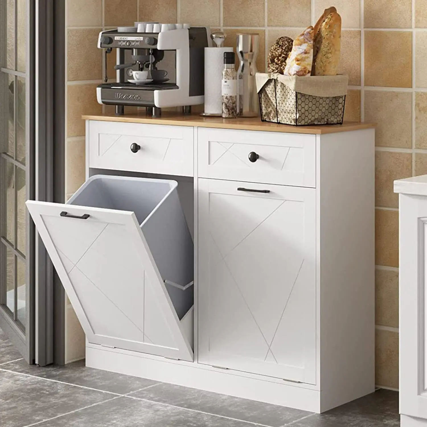 Vabches Kitchen Island Counter Trash Cabinet Wood White Trash Can Freestanding Tilt Out Trash Bin Holder for Kitchen Dining Room