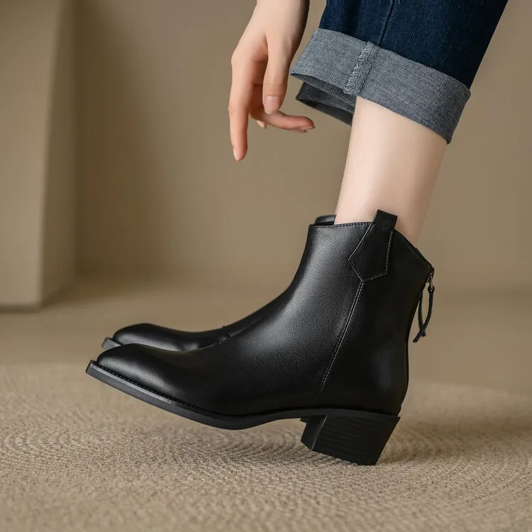 2024 New Winter Pointed Toe Women Boots Chunky Heel Women Shoes Retro Western Boots Ankle Boots Genuine Leather