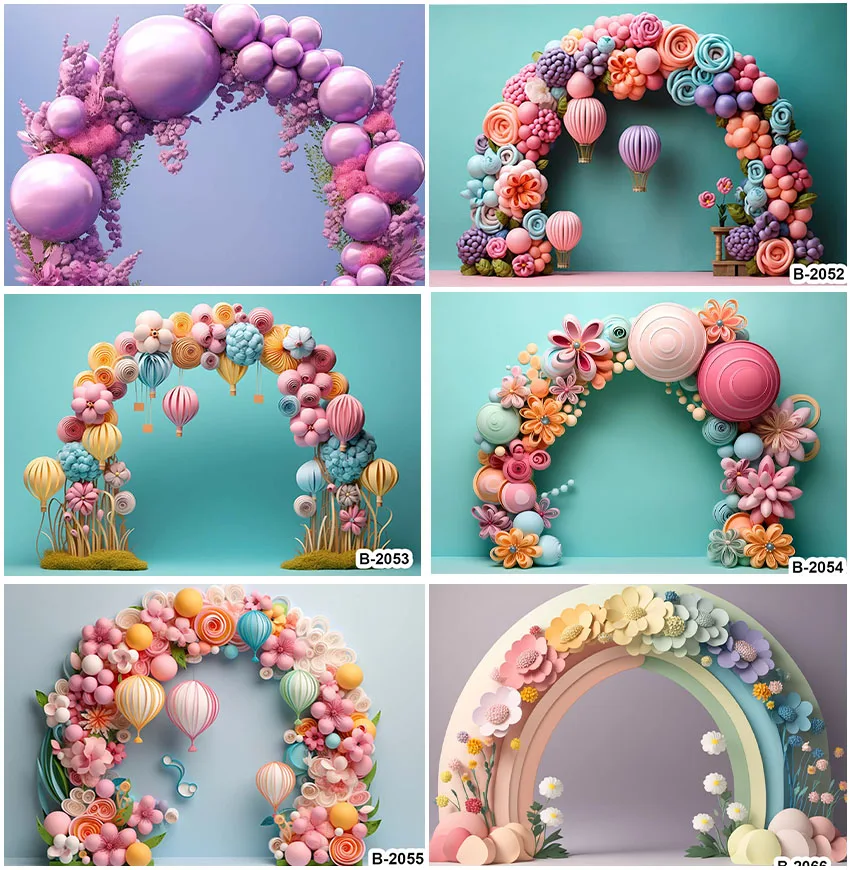 Colorful 3d Arched Shape Floral Balloons Backdrops Cake Smash Birthday Wedding Newborn Baby Portrait Backgrounds Photozone Props