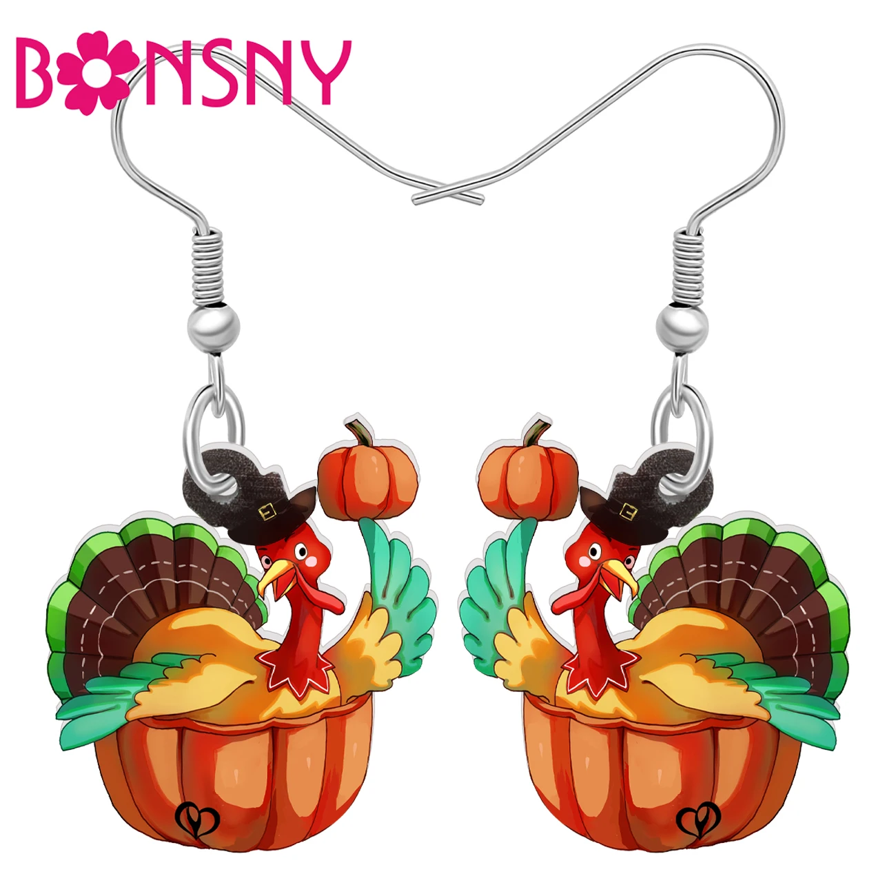 BONSNY Acrylic Thanksgiving Cute Turkey Earrings Thankful Gifts Fall Holiday Charms Pumpkin Farm Animal Jewelry For Women Girls