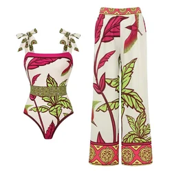 Conjunto de biquíni feminino estampado com padrão de planta tropical, maiô de 1 peça, gravata borboleta, maiô de luxo, roupa de banho 2024