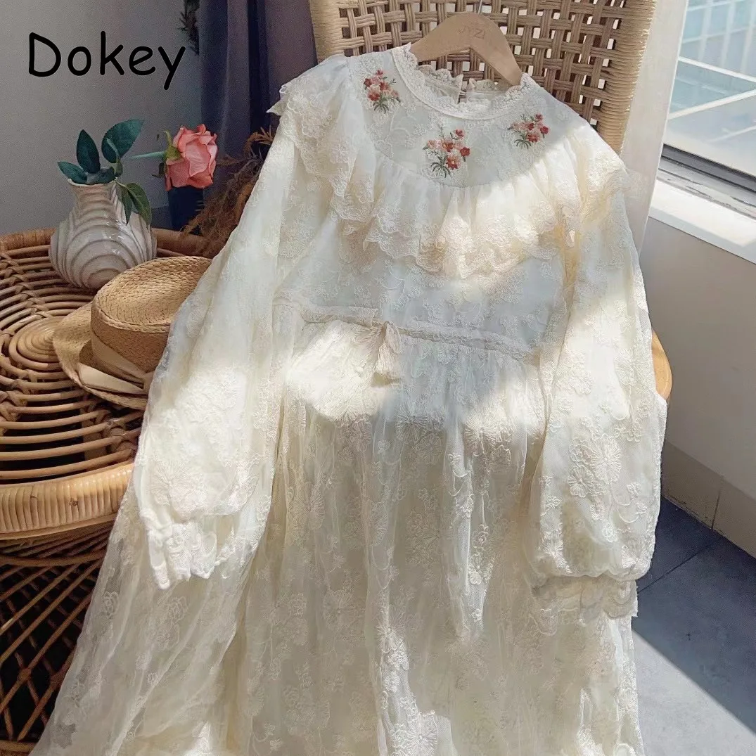 

Vintage Embroidery Lace Ruffled White Dress Women Japanese Mori Doll Collar Long Sleeve Dress Casual Drawstring Loose Vestidos