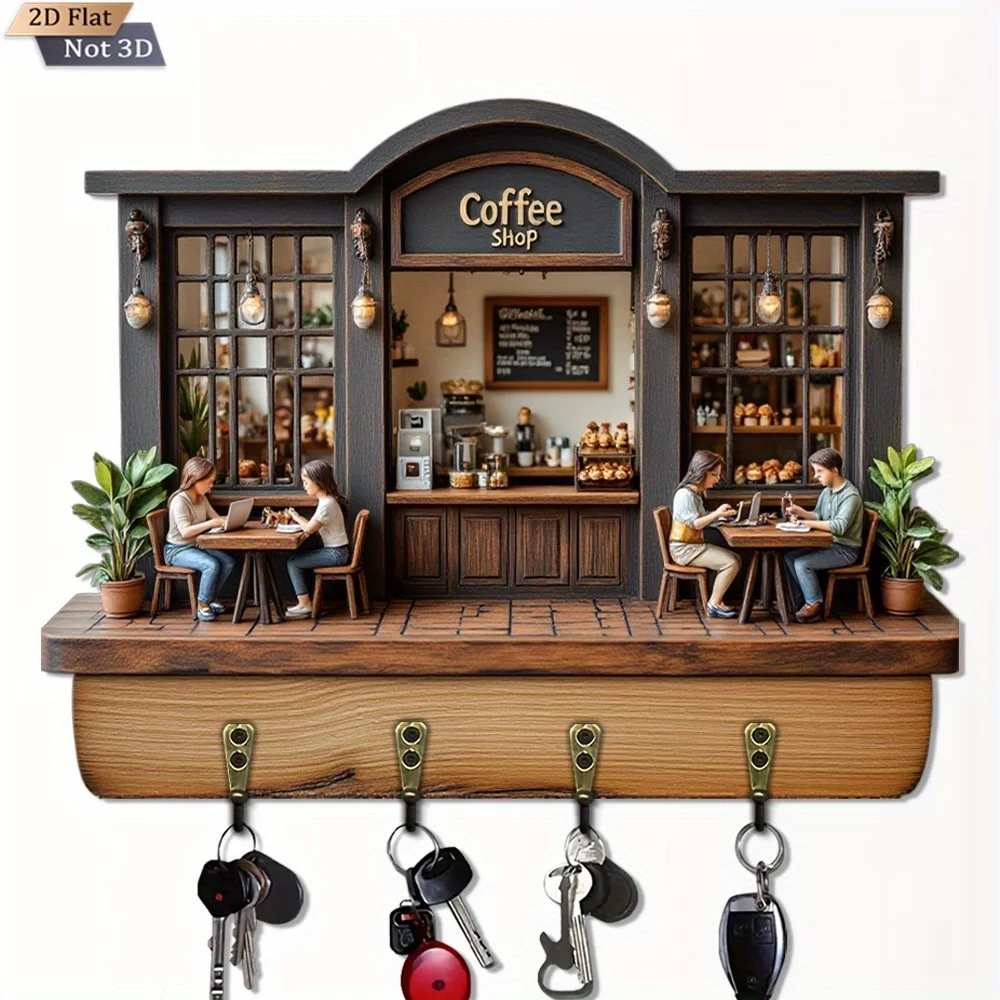 2D Plane, 1pc, Retro Coffee Shop Style Key Hook Wooden Multi-Functional Home Key Rack, with Four Metal Hooks, Wall Decoration,