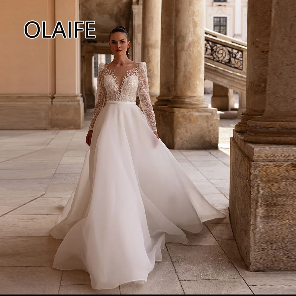 Bohemaid O-Collo Organza Paillettes Abito da sposa in pizzo Illusion Back Court Abiti da sposa per donna con manica lunga Customzied