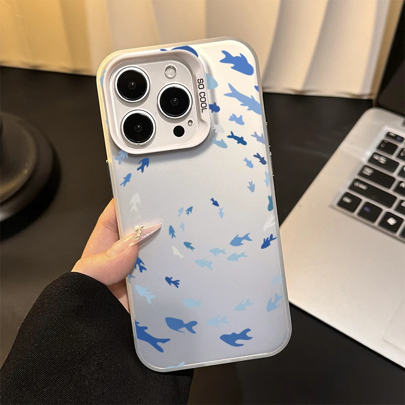 Rotating Fish Schools Pattern Phone Case For iPhone 16 15 14 13 12 11 Pro Max 16E XS X XR 7 8 16 Plus IMD Laser Hard PC Cover