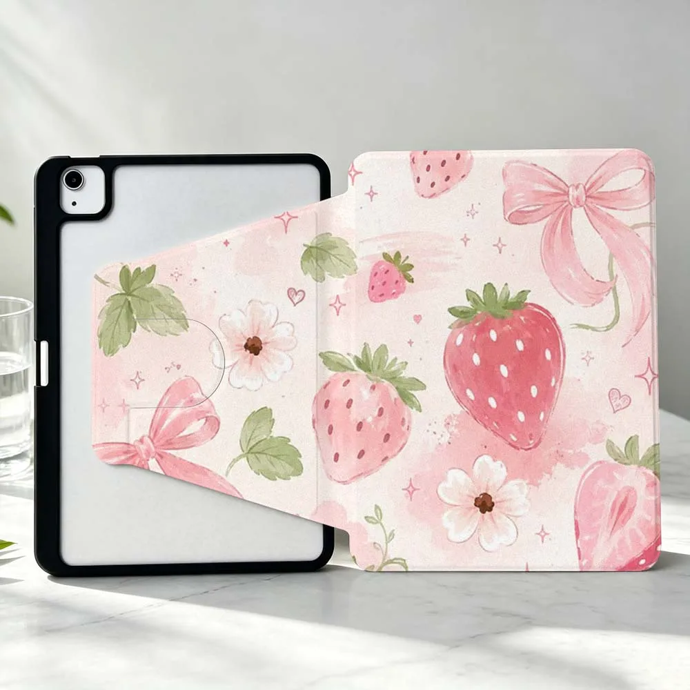 Cartoon Strawberry Bow Flower For iPad Pro Air mini 6 5 4 12th M5 M4 M3 M2 A16 A17Pro 360° Rotation Stylus Storage Tablet Case