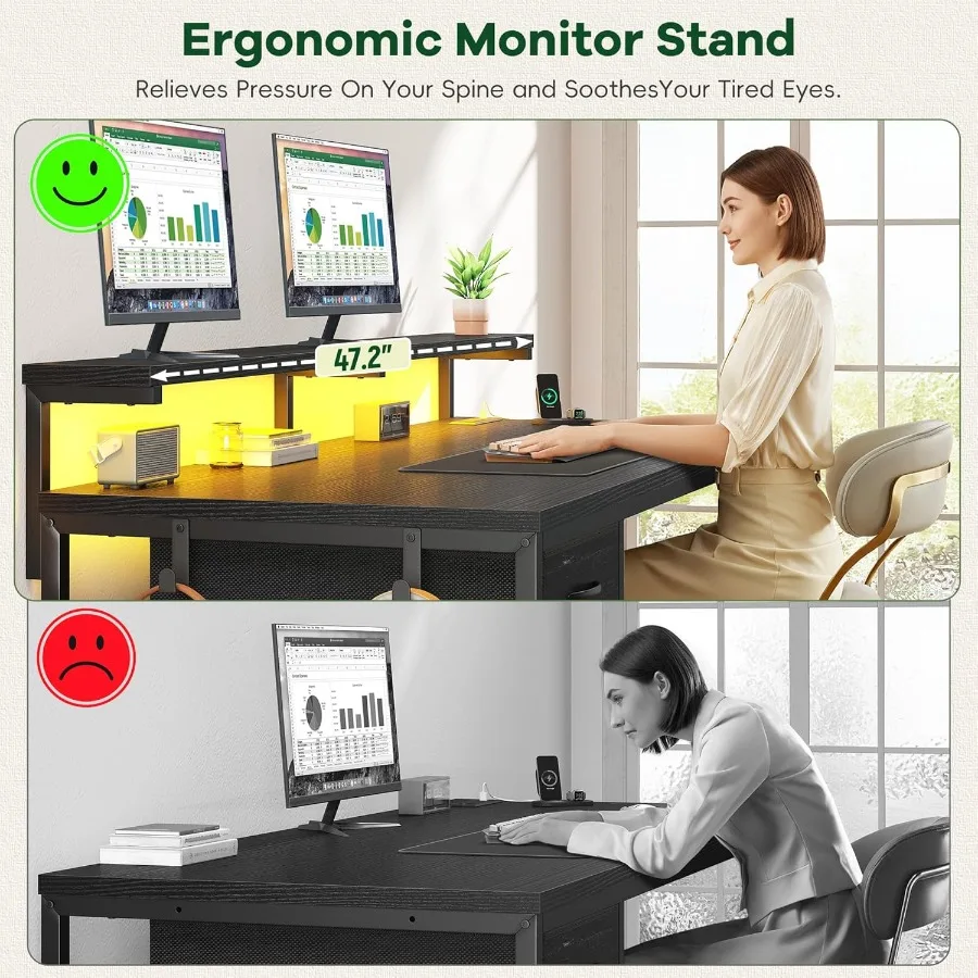 47.2 Adjustable Height Gaming Desk with Builtin Power Outlet and Ambient LED Lighting Compact Computer Desk Featuring Dual Moni