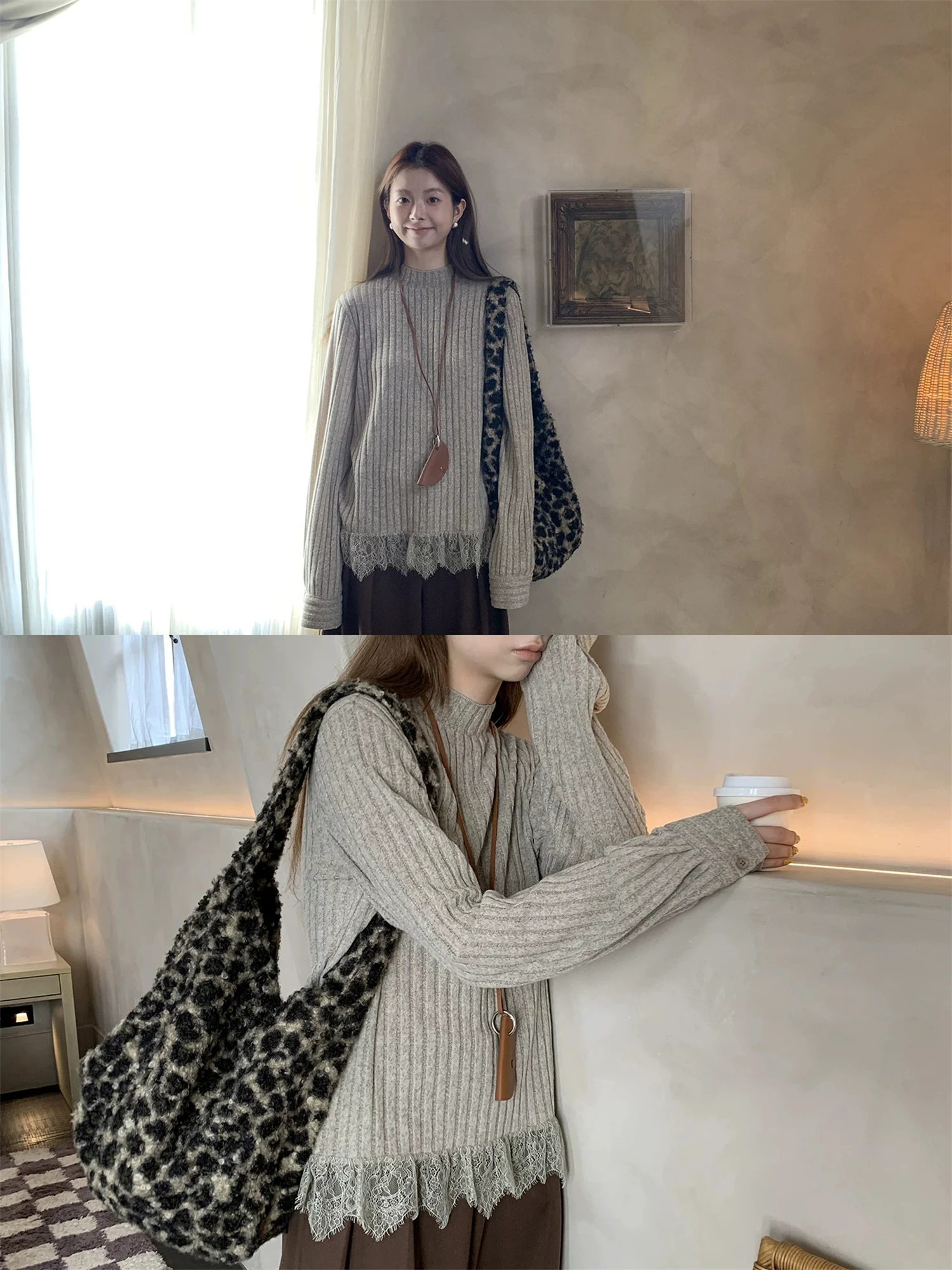 French Gray Ribbed Knit Lace Trim Sweater Mock Neck Long Sleeve Loose Soft Casual Date Wear Ladies Pullover Top