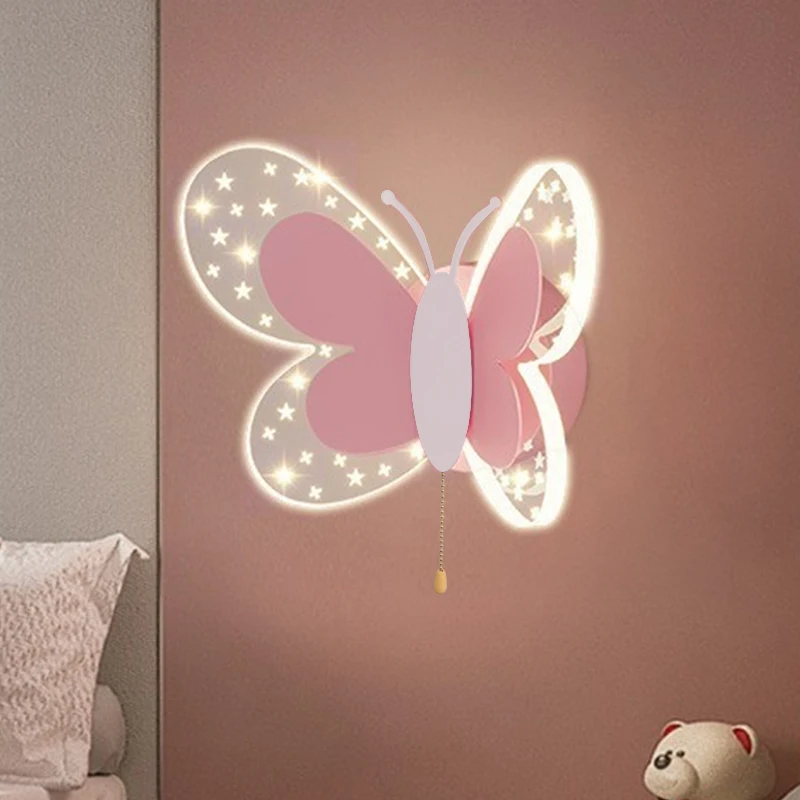 Butterfly LED Wall Lamp Tricolor Adjustment Pull Switch Children Room Wall Light Creative Living Room Bedside Home Decor Lamps