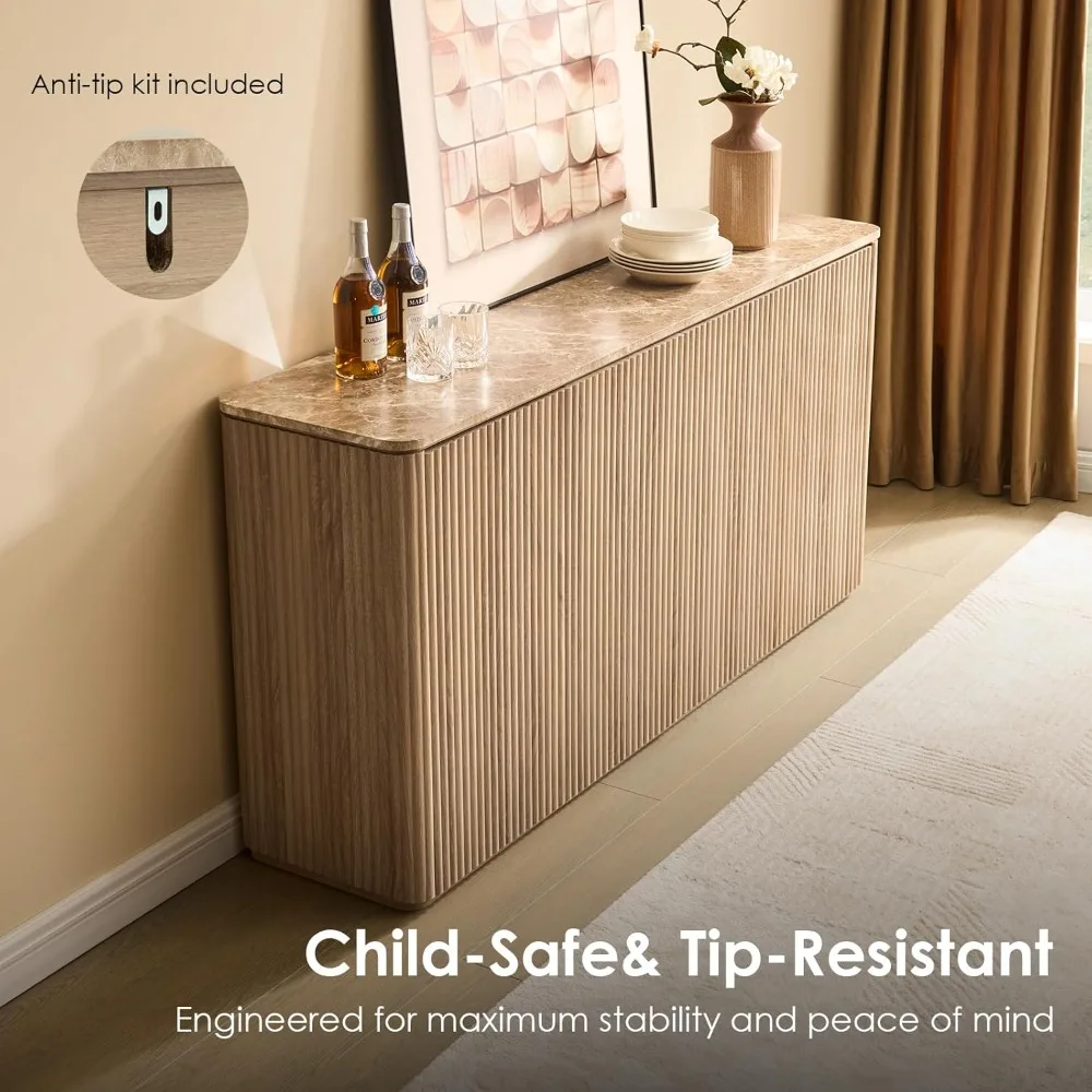 

Four-door Recessed Sideboard, Wooden Sideboard, Faux Marble Countertop Coffee Bar, Modern Style Buffet Cabinet