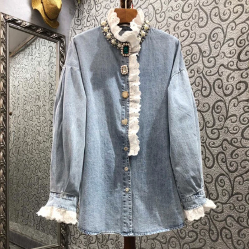 

Luxury Women Diamonds Beads Lace Stitching Blue Denim Shirts Spring Rhinestones Jeans Blouse Cardigan Single-Breasted Tops