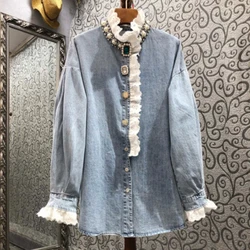 Luxury Women Diamonds Beads Lace Stitching Blue Denim Shirts Spring Rhinestones Jeans Blouse Cardigan Single-Breasted Tops