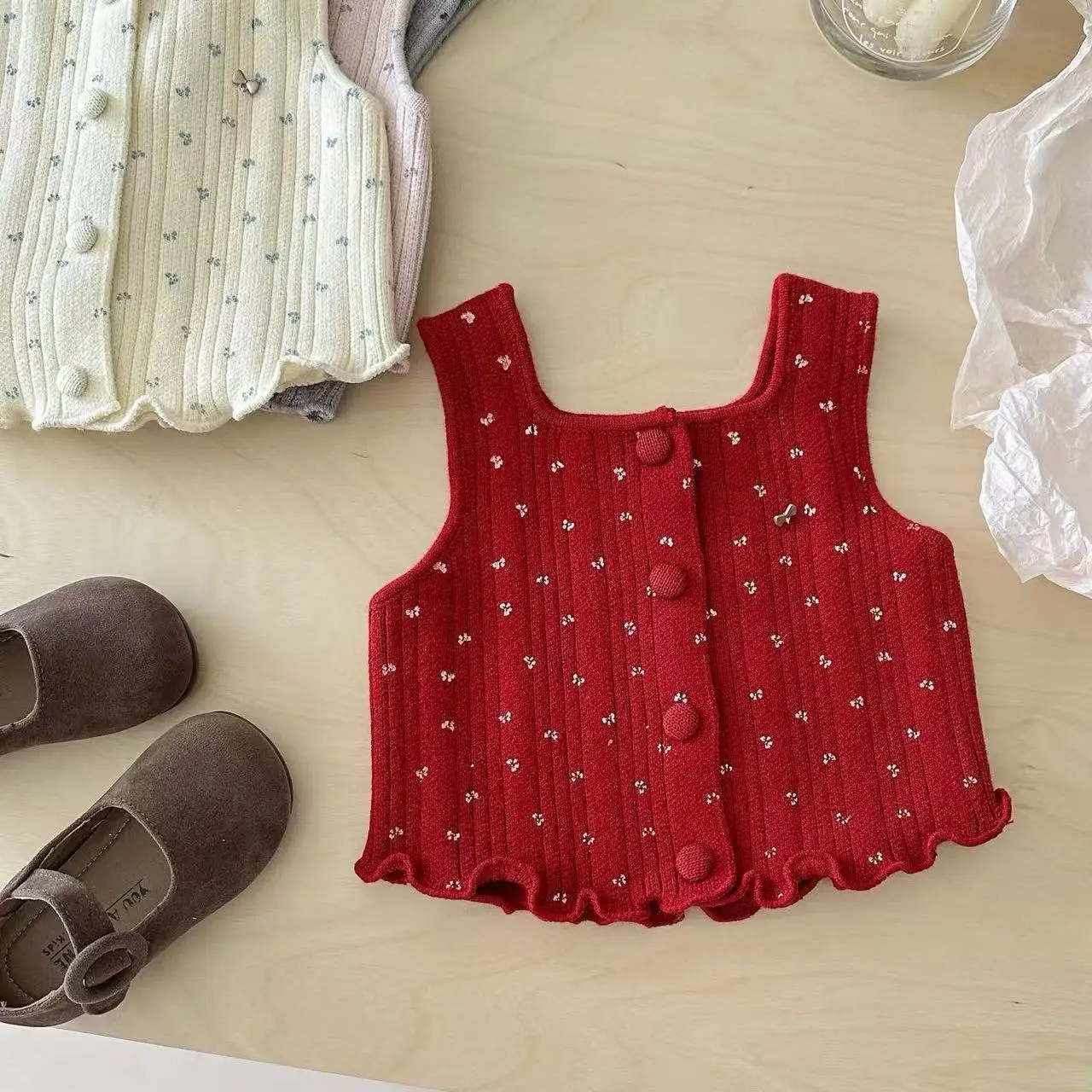 الخريف طفل الفتيات محبوك سترة الرضع الأزهار طباعة واحدة الصدر أكمام البلوزات طفل صدرية 0-3 سنة #3