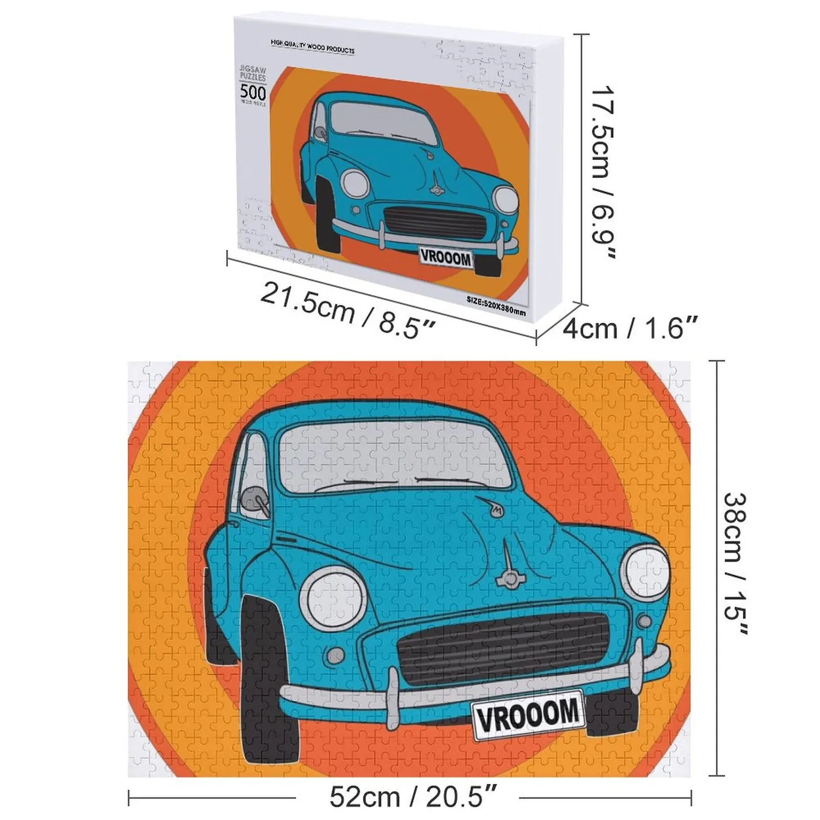 أحجية الصور المقطوعة للسيارة الكلاسيكية باللون الأزرق القزحية من موريس مينيور، مخصصة للأطفال، لعبة ألغاز خشبية
