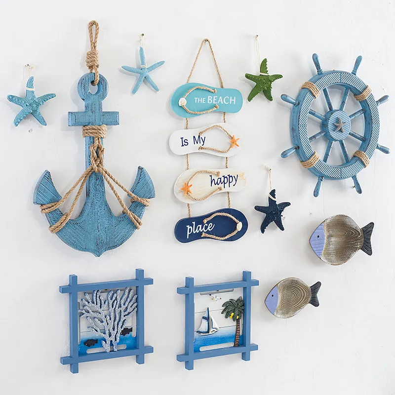 Nautical Wooden Wall Decor Set Mediterranean Style Ship Anchor Rudder Starfish Hanging Ornament For Home Living Room Background