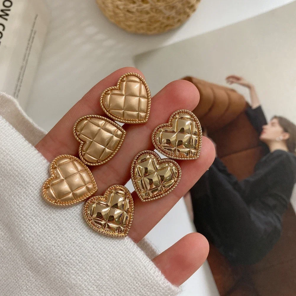 10pcs Heart-shape Buttons Checkered Gold Color Metal Shank Buttons DIY Clothing Accessories