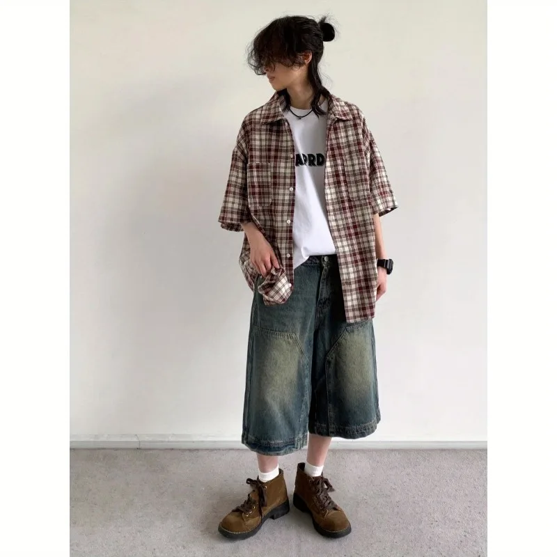 Japanese Youth Style Men Women Plaid Patch Pocket Short Sleeve Shirt Denim Capri Shorts Casual Outfit Set - view 6