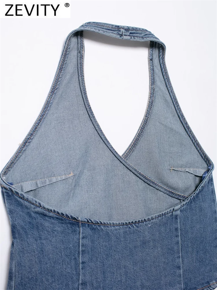 Zevity Women Fashion Sleeveless Denim Halter Blouse Female Backless Side Lace Up Casual Slim Shirts Blusas Chic Tops LS327