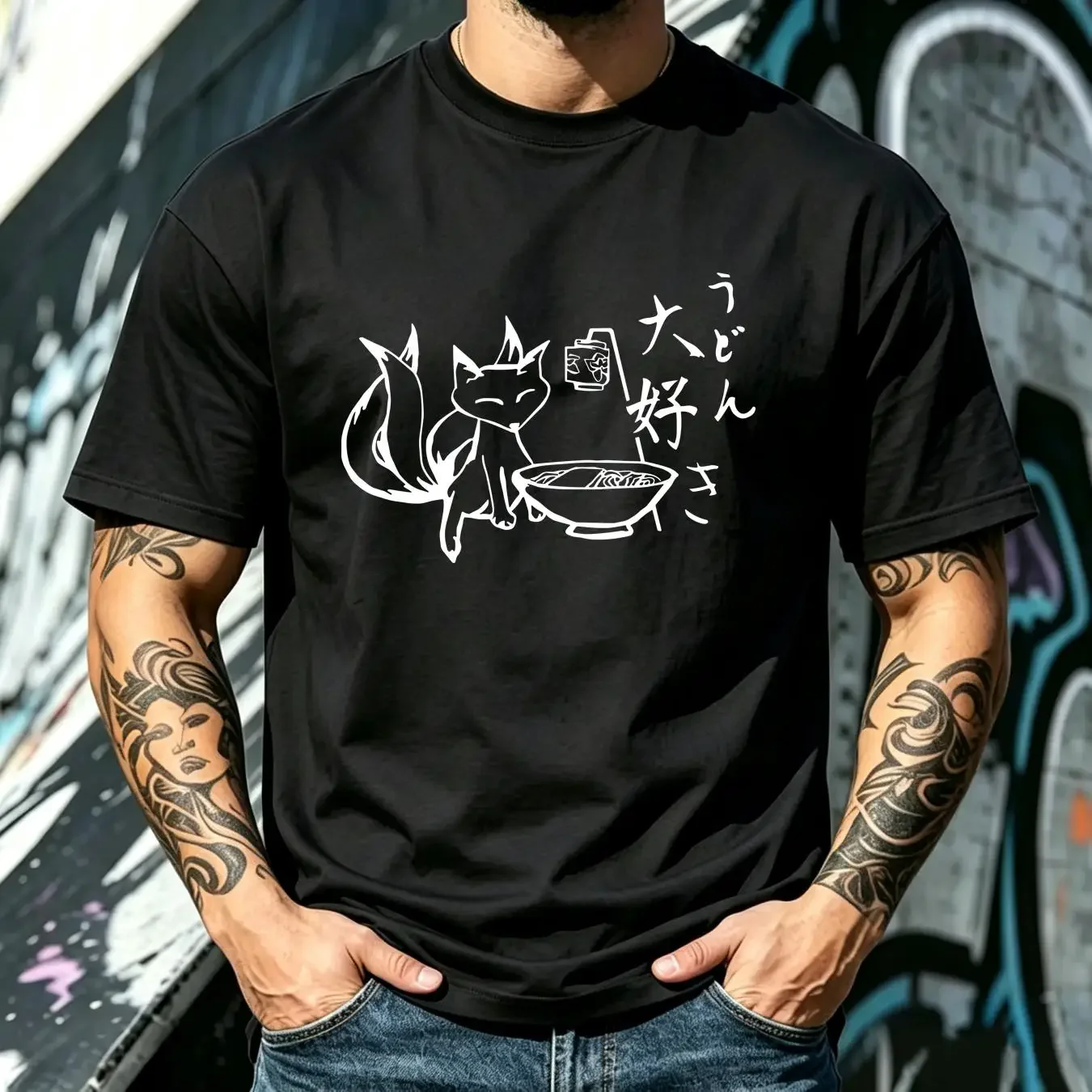 washed T Shirt Kitsune Japanese Fox Spirit with Udon Bowl Traditional Japan Furry Art vintage Washed Casual Slightly