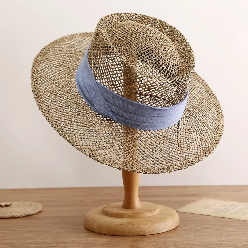 Retro straw hat natural seagrass hand-woven colorful tri-fold with bump top Hepburn style holiday beach summer sun hat for woman