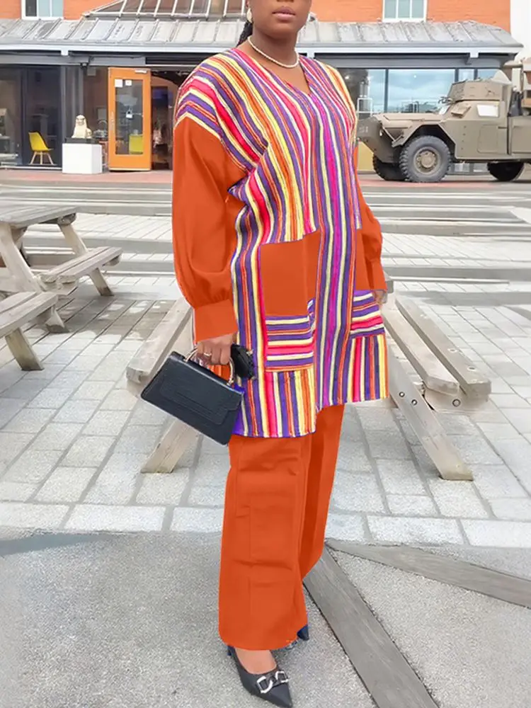 VONDA Women Sets Striped Long Sleeve Tops and Wide Leg Pants 2pcs 2025 Fashion Printing Vintage 2 Piece Outfits Plus Size 5XL